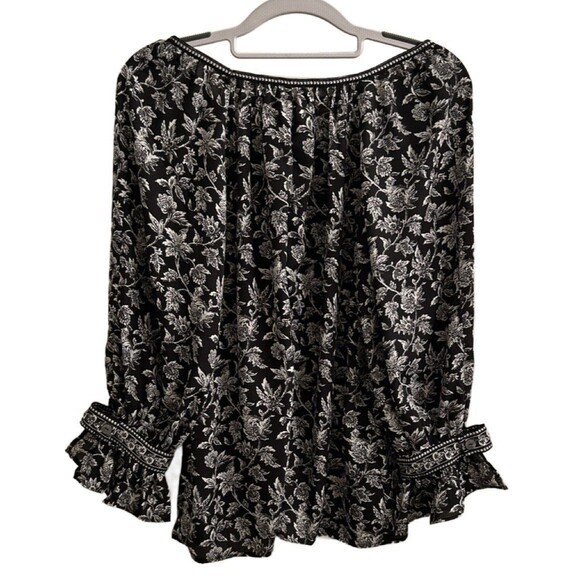 Max Studio Black Floral Peasant Blouse Sz M Boho Top Scoop Neck - Picture 2 of 5